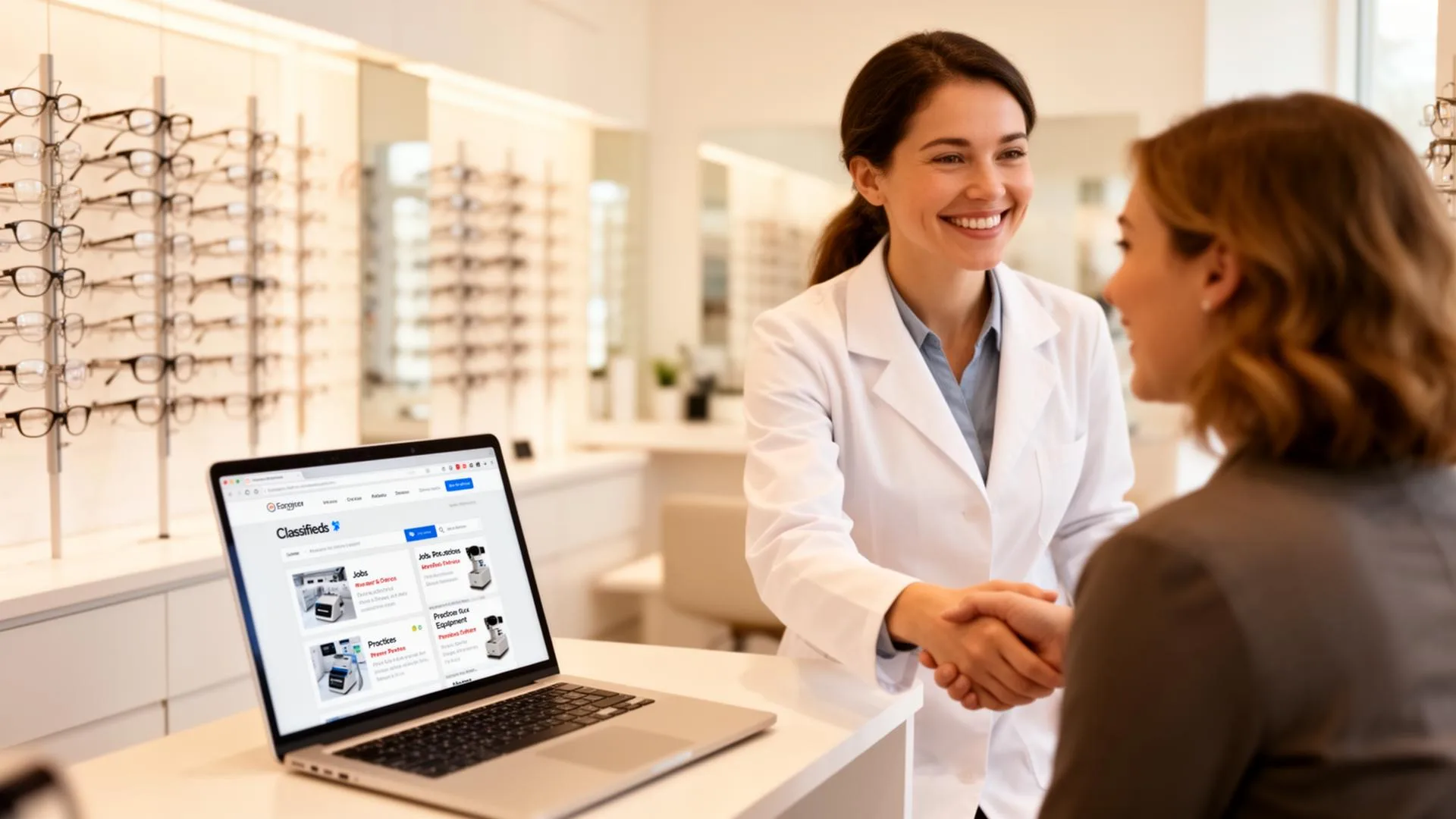 Optometrist shaking hands with a patient, with a laptop showing OptometryFinder jobs, practices, and equipment listings